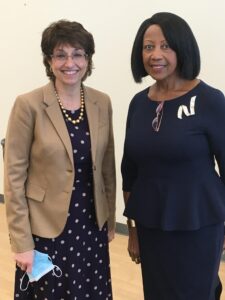 Lt. Gov. Sheila Y. Oliver with ACNJ Senior Policy Analyst and 2021 Aletha R. Wright Award recipient Cynthia Rice.