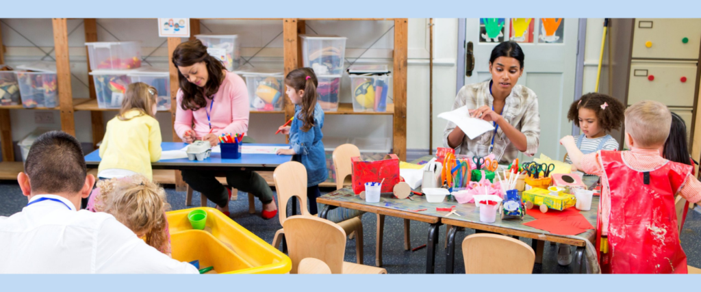 A group of children growing and learning with their child care providers.